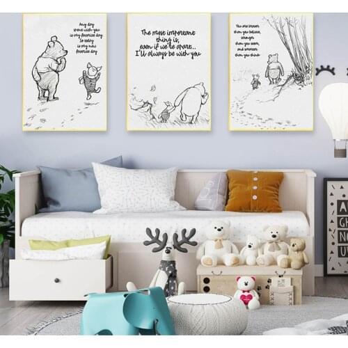 Painting Black White Picture Kids Room Wall Art Decor Winnie The Pooh Quotes Canvas Posters and Prints Classic Cartoon Movie Art