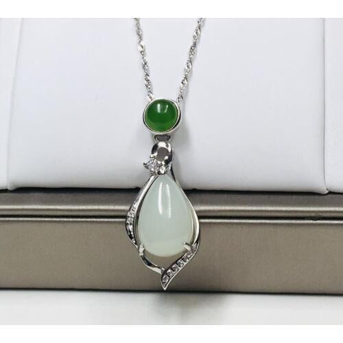 Chinese Natural hetian Jade pendant silver Amulet Lucky Necklace Fine Jewelry Charm