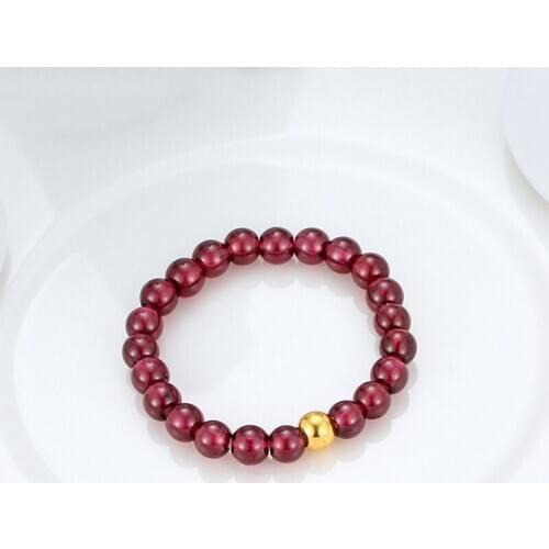 Real 999 24K Yellow Gold Ring Women 3D Luck Smooth Bead with Garnet Beads Ring / Gold Weight 0.1-0.2g