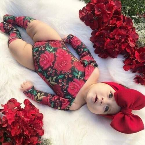 2020 New Newborn Baby Girls Flower Bodysuit Jumpsuit+Socks+Headband 3Pcs Outfits Toddler Baby Girl Clothes Sets