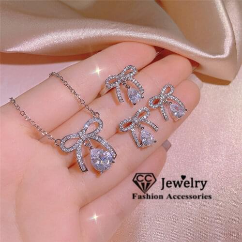 CC Cute Set 925 Silver Necklace Earring Ring Sets for Women White Cubic Zircon Wedding Party Jewelry Accessories Gift