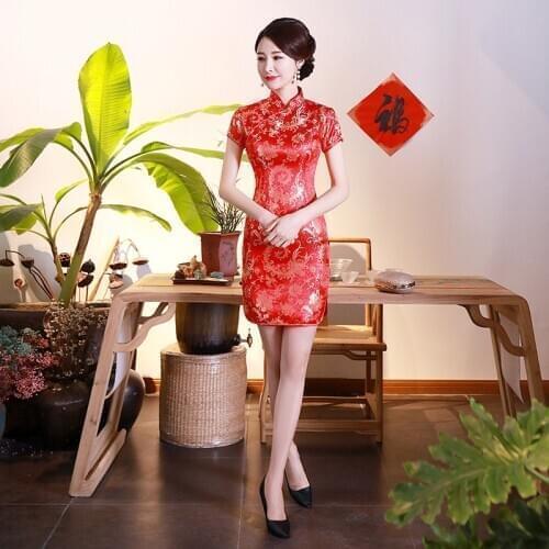 Red Vintage Floral Print Slim Qipao Summer Lady Traditional Chinese Style Cheongsam Dresses Wedding Dress Plus Size S-6XL