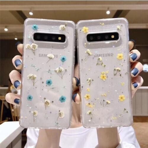 Real Dry Flowers Glitter Clear Case For Samsung S20 Ultra S10 Note 20 A21S A01 A71 A51 A91 A50 A70 Transparent Case Soft Cover