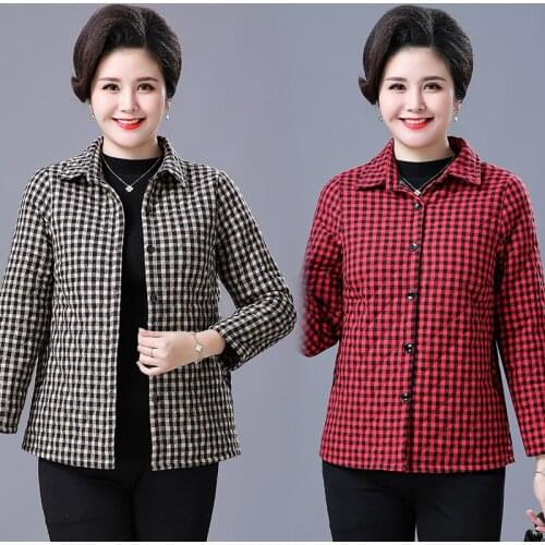 Middle-aged and Elderly Womens Plaid Cotton Coat Autumn Winter Quilted Thin Jackets Tops Short Casual Jacket Outwear 5XL