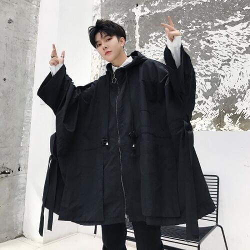 Men Hooded Trench Coat Mens Cloak Fashion Long Coat Super Loose Bat Sleeve Hooded Windbreaker Youth Large Size Thin Coat Tide