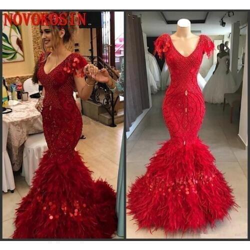 Wine Red Sexy V Neck Mermaid Formal Party Dress Plus Size Beaded Prom Dress Long Kleider Feather Evening Gown Real Sample 2019