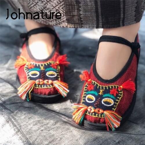 Johnature Handmade Embroidery Women Shoes Mixed Colors Buckle Strap Cotton Fabric Concise Retro 2021 New Flats Ladies Shoes