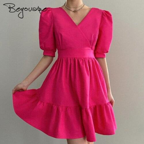 Beyouare Fashion V Neck Puff Sleeve Ruffles A-line Mini Dress For Womens Elegant Solid Evening Gala Dresses 2021 Summer Clothes