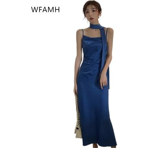 Blue Slim Sleeveless Sling Dress Ladies 2021 Summer New Retro Elegant Temperament Zipper A-line Long eam dress undefined Lanon