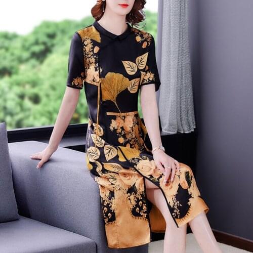 2021 Vintage Noble Floral Mulberry Silk Midi Dress Summer Women Loose Casual Print 5XL Beach Dress Elegant Bodycon Party Vestido