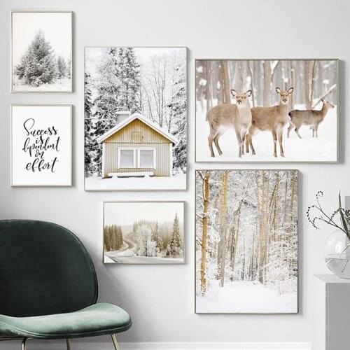 Winter Forest Landscape Posters Print House Deer River Wall Art Nordic Canvas Painting Decoration Pictures For Living Room Decor
