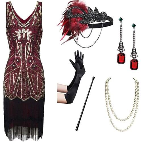 1920s Retro Sequin Tassel Dress Pin Bead Tassel Dress Party Dinner Dress With Accessories