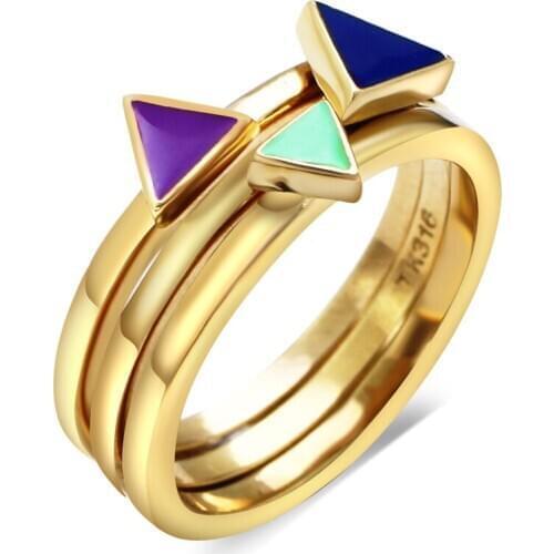 3 pcs ring sets 316L Stainless steel Jewelry Color Epoxy Gold color Lovely Rings Female OL Triangle shape Jewellery