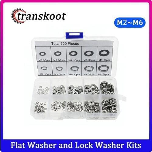 300pcs/set M2 M3 M4 M5 M6 Stainless Steel Metric Flat Wahser and Spring Split Washer Assortment Kits