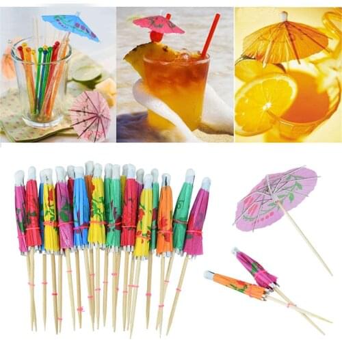 50P Colorful Tropical Umbrella Cocktail Straws Fruit Fork Hawaii Beach Party Supplies Drink Dessert Cupcake Decorative Toppers