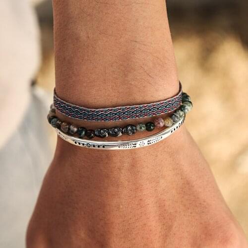 Fashion 925 Silver Plated Friendship Bracelet Set Bohemian Natural Skull Stone Lucky Beads Handmade Knot Rope For Mens Bracelet