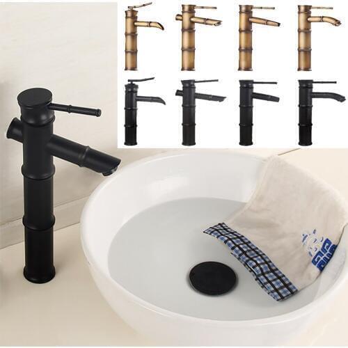 Black Brass Waterfall Bathroom Sink Faucet Vessel Tall Bamboo Water Tap Retro Single Hole Basin Faucets
