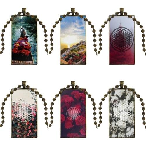 For Wedding Fashion Glass Cabochon Pendant Necklace Women Bronze Color Choker Rectangle Necklace Flower Of Life Bring Me Horizon