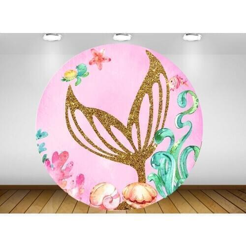 Round circle background watercolor little mermaid backdrop baby shower birthday Party table Cover under the sea Gold fishtail