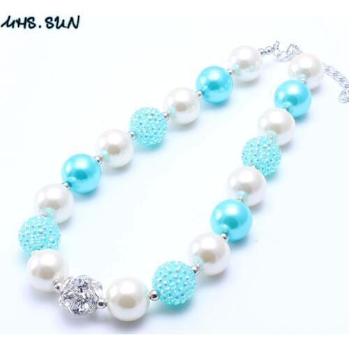 MHS.SUN 2PCS Fashion white+blue chunky bubblegum beads necklace for baby kids rhinestone beaded necklace children jewelry gift