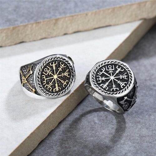 Biker Men Boy Retro Viking Compass Ring Nordic 316L Stainless Steel Axe Valknut Ring Triangle Jewelry Gift Wholesale 2021 New