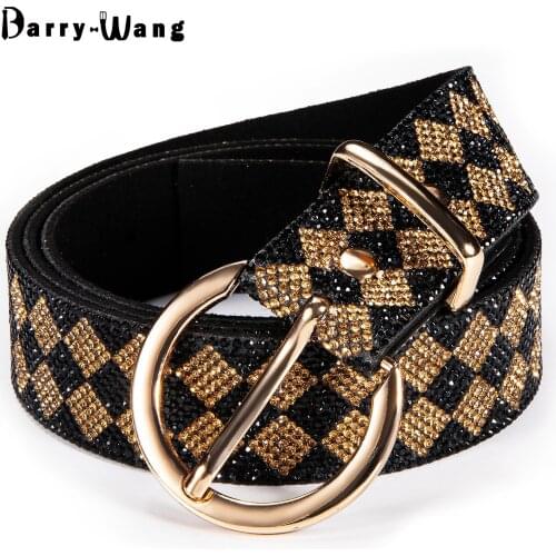 Barry.Wang New Leather Womens Belt Shiny Diamond Gold Personality Pin Buckle Waist Belt All-match Four Season Daily Jeans