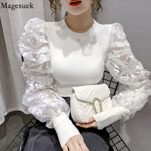 Autumn Long Sleeve Knitted Lace Blouse Women Puff Sleeve 2021 O Neck Slim Shirts Sweet Fashion Tops Clothes Blusas Mujer 15997