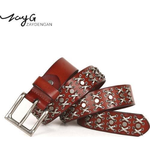 ZAYG New High Quality Pin Buckles Cross Rivet Belt Men and Womens Leather Belt Personality Knight Designer Leisure Jeans Belt