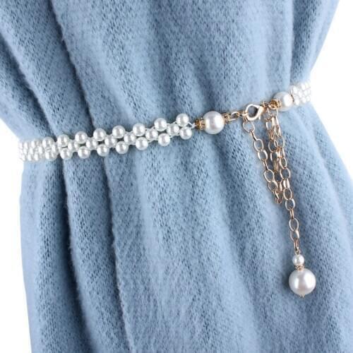 Retro Sweet Pearl Women Waist Chain Quality Metal Versatile Womens Dress Waist Chain Belts Long Tassel Slim Belt