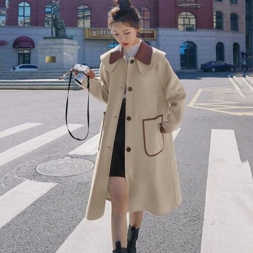 Navy Collar Woolen Coat Women 2021 New Autumn And Winter Korean Fashion Pocket College Style Lady Mid-length Wool Overcoat e158