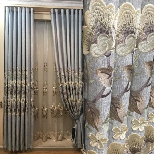 European haze blue chenille curtain cloth living room bedroom exquisite relief embroidery curtain window yarn finished custom