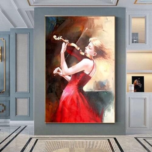 High-Quality Hand-Painted Oil Painting Girl Playing The Violin Modern Mural Home Decoration Painting Living Room Corridor Aisle