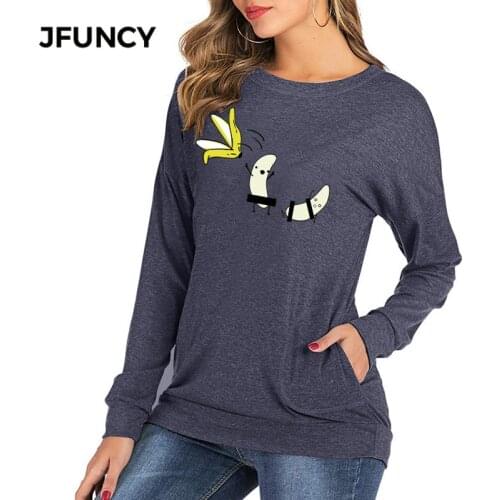 JFUNCY Spoof Banana Cartoon Print Spring Autumn Women T-Shirt O-Neck Long Sleeve Loose Pullover Tops Casual Female T Shirt