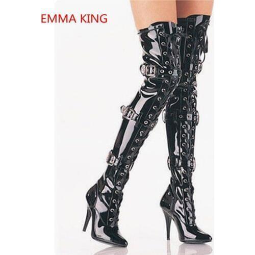 2018 New Buckle Cross-Tied Women Thigh High Boots Pointed Toe Sexy 10cm Thin High Heels Runway Fashion Female Winter Gothic Shoe