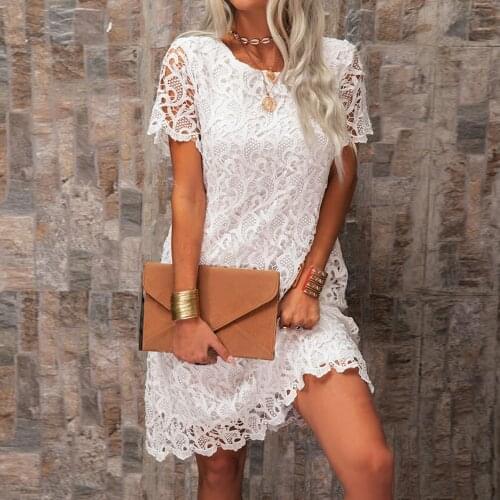 Women Sexy Lace White Dresses Casual O-Neck Short Sleeve Solid Streetwear Midi Dress 2021 Summer
