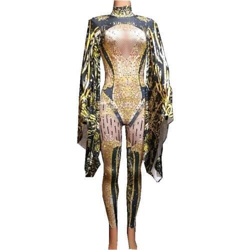 Fashion Black Yellow Bat Sleeve Rhinestone Jumpsuit Women Nightclub Celebrity Prom Party Outfit Singer Performance Dance Costume