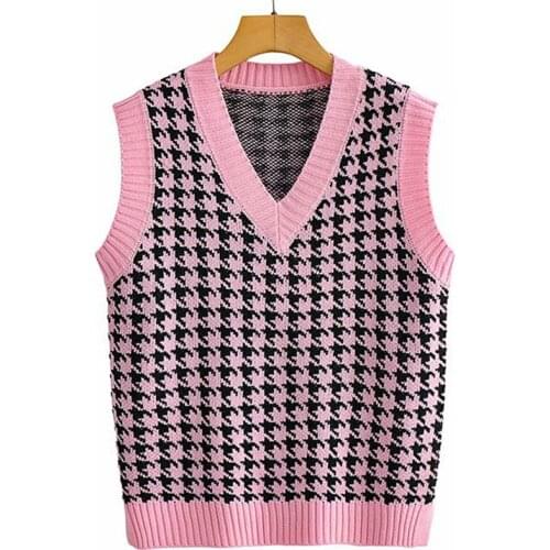 Aonibeier 2021 Za Woman Traf Vest Autumn Winter Sleeveless Houndstooth Knit Jumpers V Neck Contrast Trims Loose Sweaters Gilets