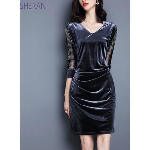 2018 Spring Autumn Dress Velvet Ladies Casual Elegant Slim V-Neck Vintage Dress Women Dresses Office Lady Dresses Women Clothing