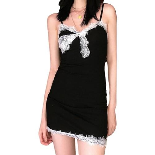 Women Sexy Lace Trim Skinny Dress Fashion Solid Color Backless Suspender Short Dress