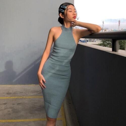 Dulzura ribbed knitted women mini dress hanging neck sleeveless elegant bodycon sexy streetwear party 2020 summer clothes club