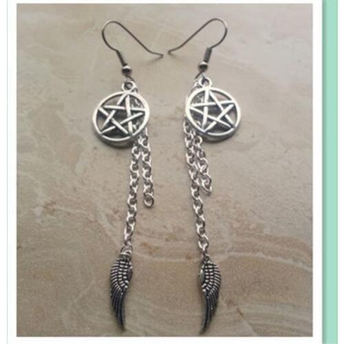 1PCS Supernatural Inspired Devils Trap Pentagram and Angel Wing Charm Dangle Earring