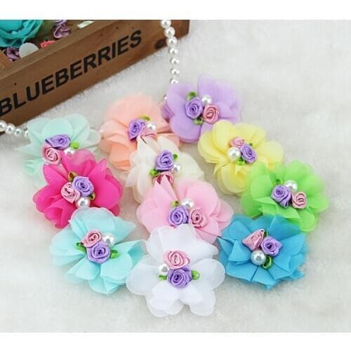 10Pcs/lot 6*6cm handmade chiffon rose 3 pearl fake flower diy children headgear dress shoes and hat decoration flowers AC354