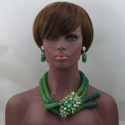2016 Latest Champagne Gold African Costume Jewelry Set Green Nigerian Wedding Beads Jewelry Set Chunky Free Shipping ALJ684