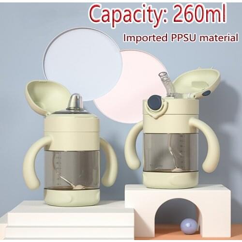 2021 New Baby Straw Cup Solid Color Anti-choke Handle Sling Feeding Duckbill Cup Gravity Ball Straw Bottle Child Water Cup