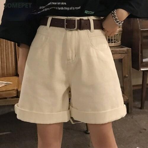 2021 High Waist Solid Shorts Short Femme Summer Casual Loose Wide Leg Denim Shorts Plus Size Apricot Short Jeans Women