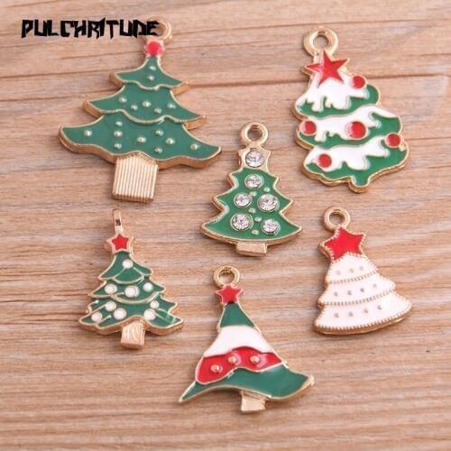 4pcs 6 Style Alloy Metal Drop Oil Green Christmas Tree Charms Pendant For DIY Bracelet Necklace Jewelry Making