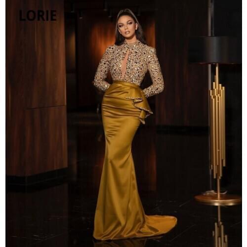 LORIE Arabic Evening Dresses Gold High Neck Beaded Long Sleeves Sequined Mermaid Prom Gown Party Dress abendkleider 2021 dubai