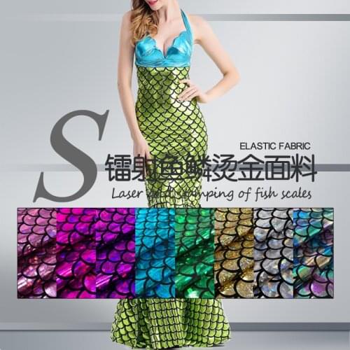 Free Shipping 1*1.5m Sparkly Hologram Spandex Mermaid Printed Swimsuit Fish Scale Fabric Stretch Fabric Dancer Swimwear