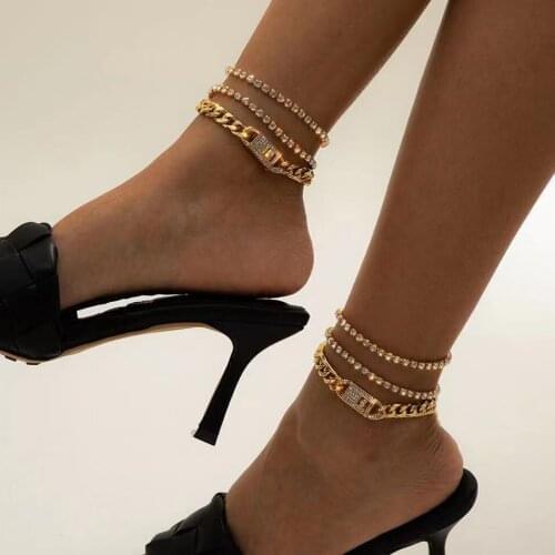 FFLACELL Fashion Chunky Metal Chain Anklet For Women Rhinestone Gold Silver Color Cuban Foot Bracelet Punk Hip Hop Rock Jewelry