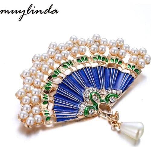 Muylinda Retro Enamel Fan Brooches For Women Charm Imitation Pearls Scarf Suit Broche Broach Pins Jewelry Best Gift